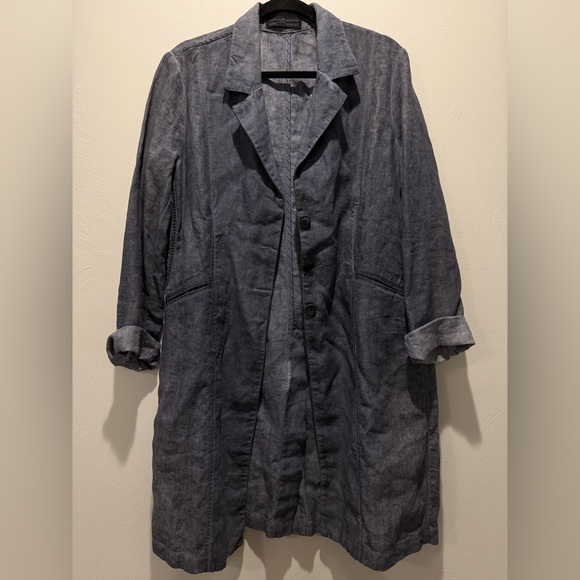 Peruvian Connection Hayden Duster Jacket  Trench - Blue - 100% Linen - Size 12 - Picture 1 of 5